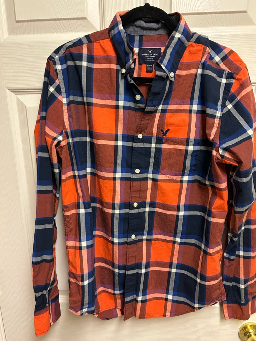 American Eagle Outfitters Orange and Navy Plaid Button-Down Shirt